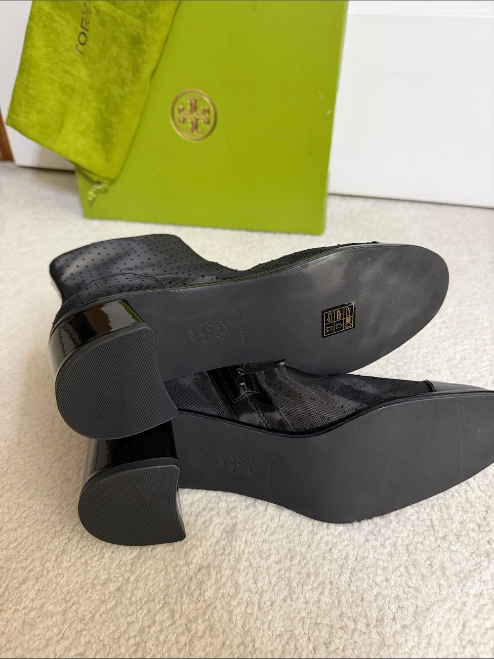 New, Tory Burch Black Patent & Perforated Mesh Ankle Booties Sz 8.5